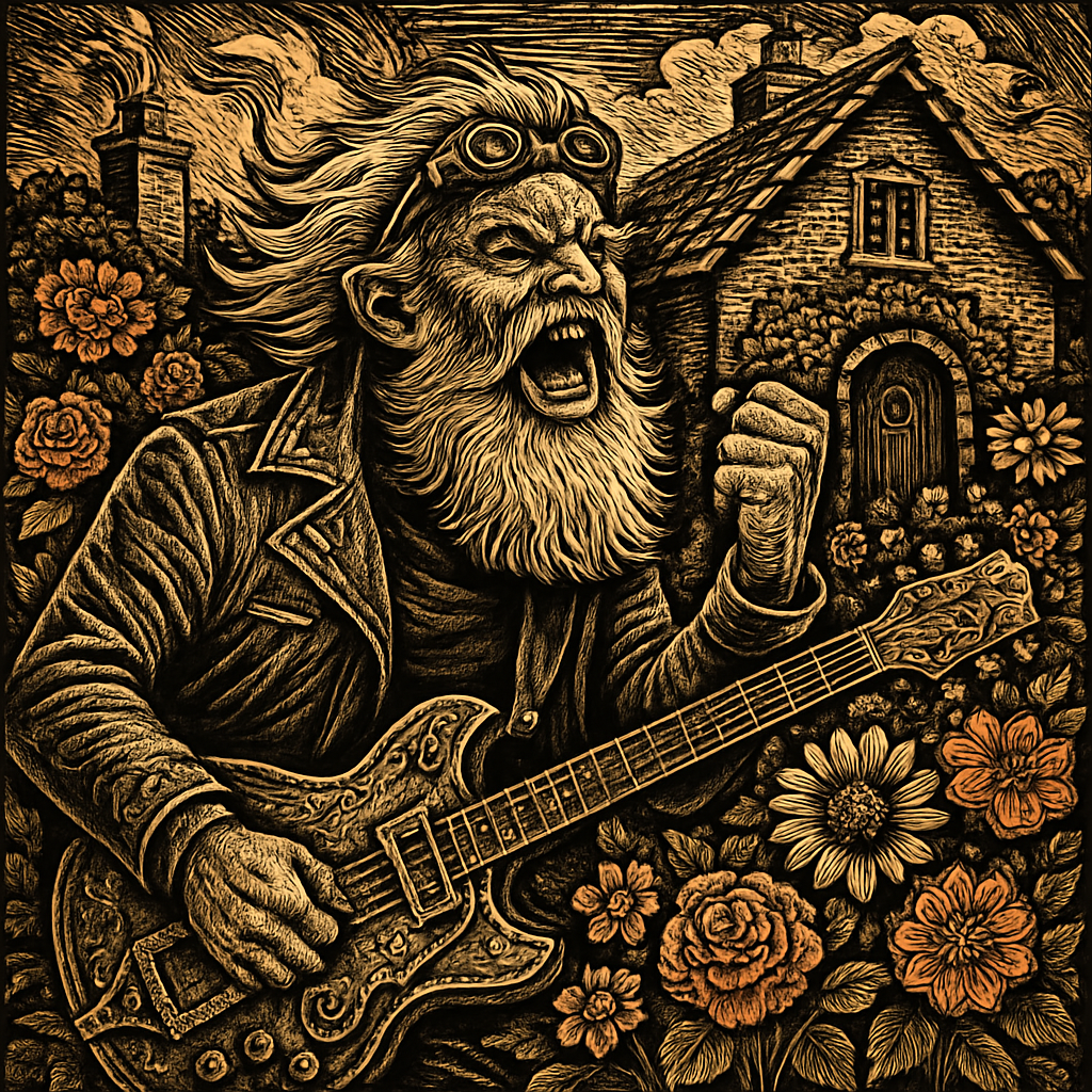 A manic white-bearded rocker passionately singing while surrounded by vibrant flowers in a charming cottage garden.