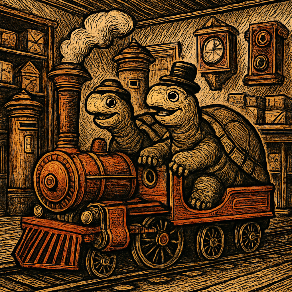 Two cheerful tortoises wearing tiny hats ride together on a colorful postal train inside a quirky, nostalgic post office museum filled with vintage postal artifacts.